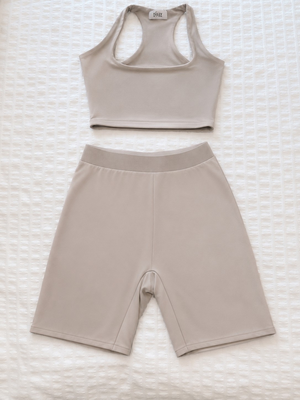 Oh Polly High-Rise Bike Shorts in Taupe With Matching Crop Top